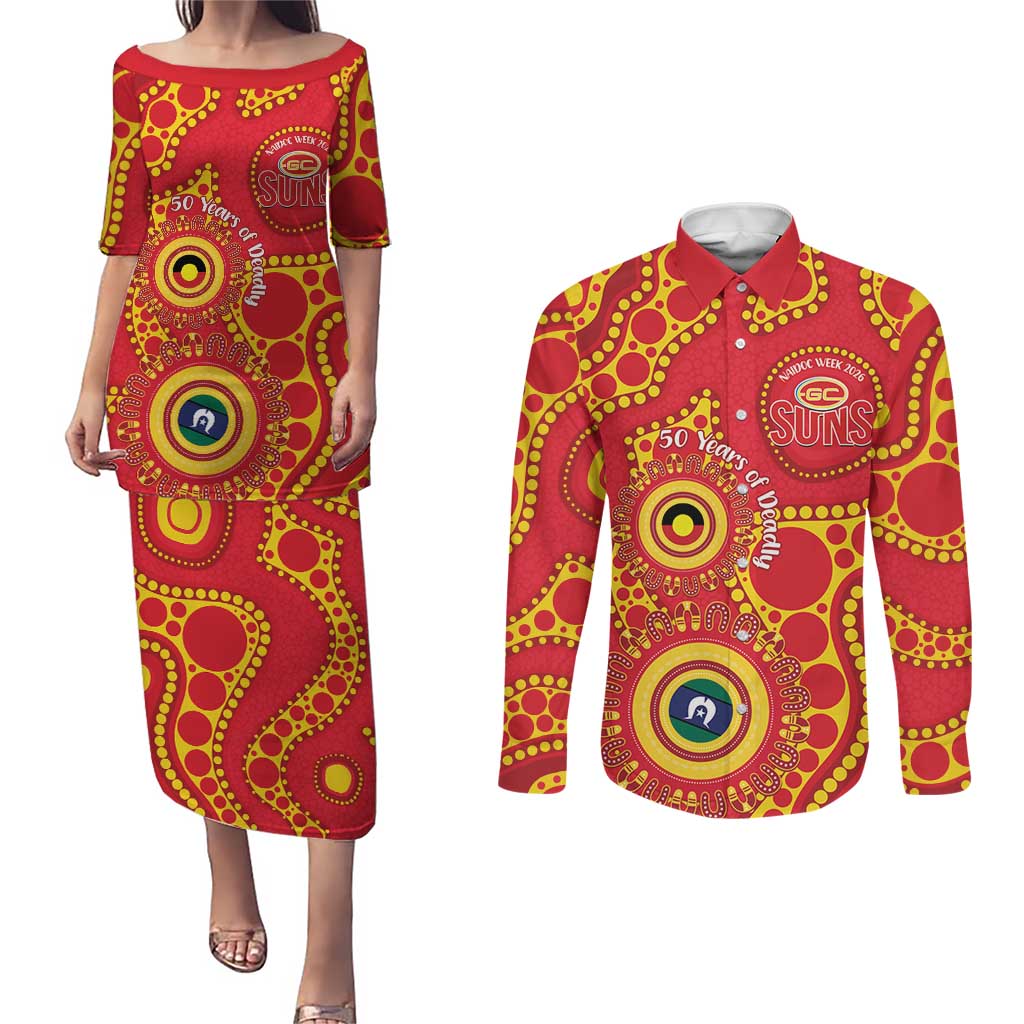 Suns NAIDOC Week 2026 Personalised Couples Matching Puletasi and Long Sleeve Button Shirt 50 Years of Deadly Aboriginal Art