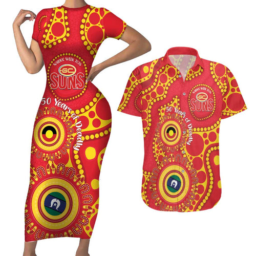Suns NAIDOC Week 2026 Personalised Couples Matching Short Sleeve Bodycon Dress and Hawaiian Shirt 50 Years of Deadly Aboriginal Art
