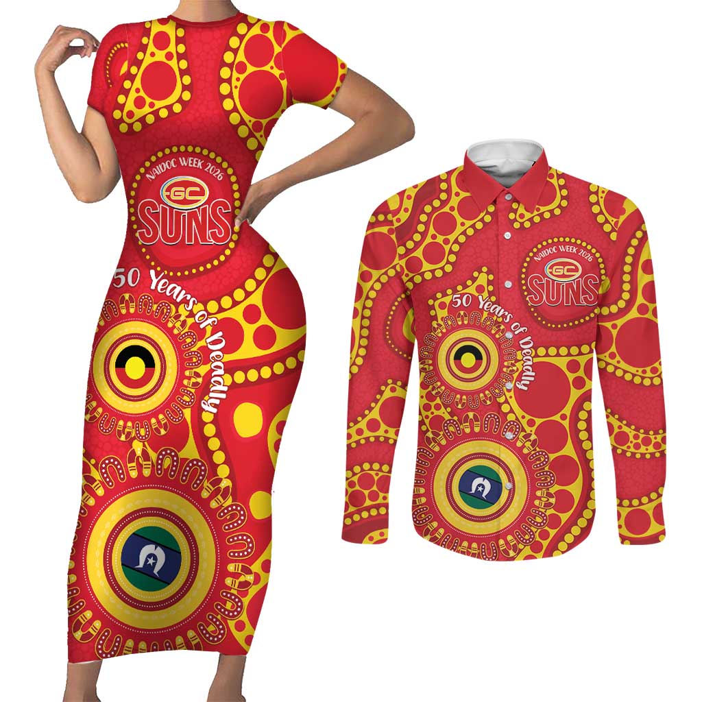 Suns NAIDOC Week 2026 Personalised Couples Matching Short Sleeve Bodycon Dress and Long Sleeve Button Shirt 50 Years of Deadly Aboriginal Art