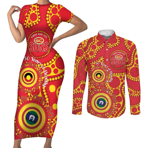 Suns NAIDOC Week 2026 Personalised Couples Matching Short Sleeve Bodycon Dress and Long Sleeve Button Shirt 50 Years of Deadly Aboriginal Art