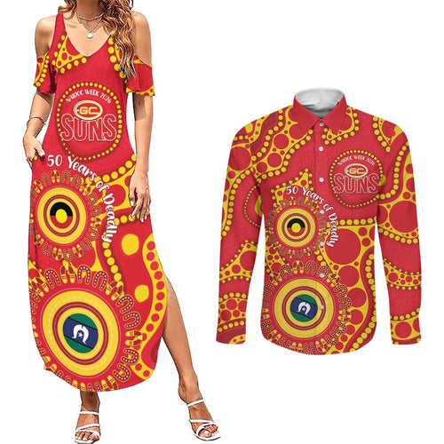 Suns NAIDOC Week 2026 Personalised Couples Matching Summer Maxi Dress and Long Sleeve Button Shirt 50 Years of Deadly Aboriginal Art