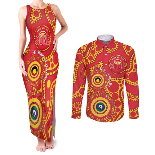 Suns NAIDOC Week 2026 Personalised Couples Matching Tank Maxi Dress and Long Sleeve Button Shirt 50 Years of Deadly Aboriginal Art