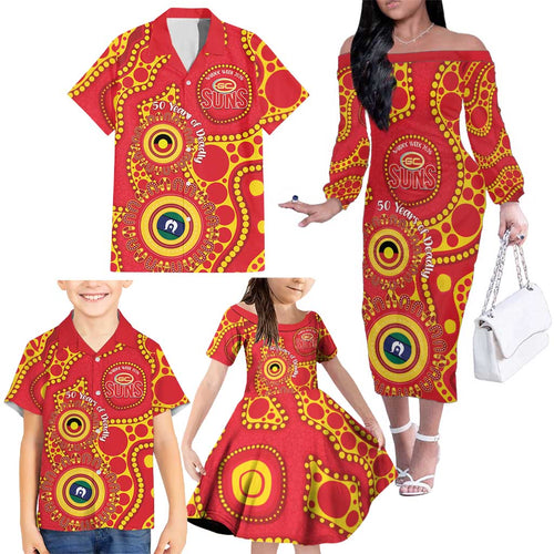 Suns NAIDOC Week 2026 Personalised Family Matching Off The Shoulder Long Sleeve Dress and Hawaiian Shirt 50 Years of Deadly Aboriginal Art