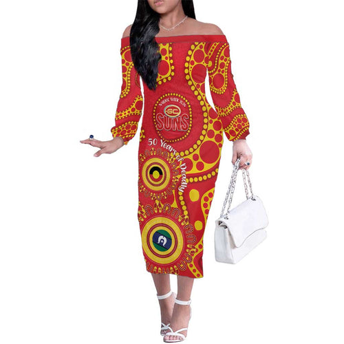 Suns NAIDOC Week 2026 Personalised Family Matching Off The Shoulder Long Sleeve Dress and Hawaiian Shirt 50 Years of Deadly Aboriginal Art