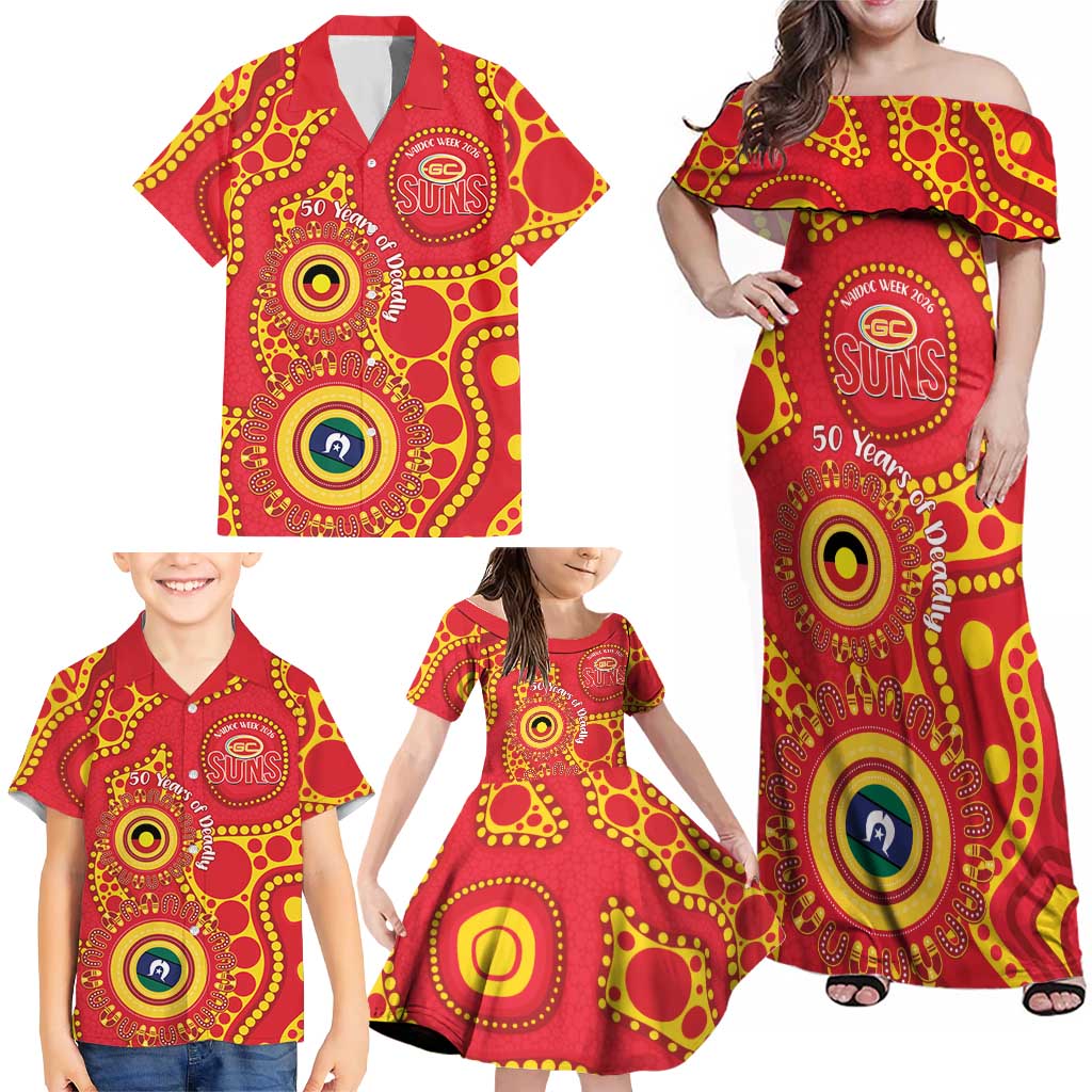 Suns NAIDOC Week 2026 Personalised Family Matching Off Shoulder Maxi Dress and Hawaiian Shirt 50 Years of Deadly Aboriginal Art