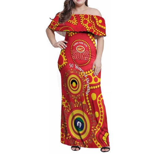 Suns NAIDOC Week 2026 Personalised Family Matching Off Shoulder Maxi Dress and Hawaiian Shirt 50 Years of Deadly Aboriginal Art