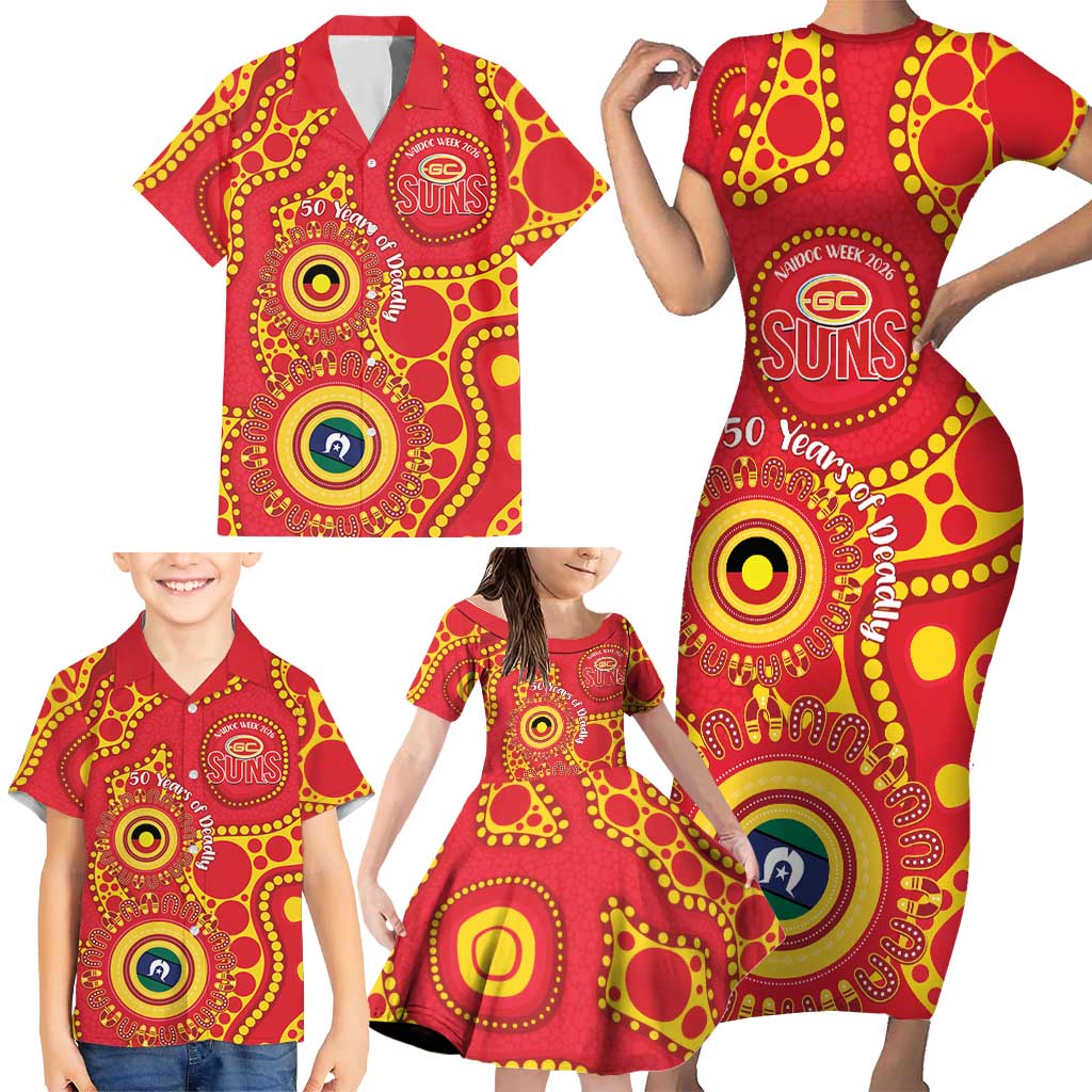 Suns NAIDOC Week 2026 Personalised Family Matching Short Sleeve Bodycon Dress and Hawaiian Shirt 50 Years of Deadly Aboriginal Art