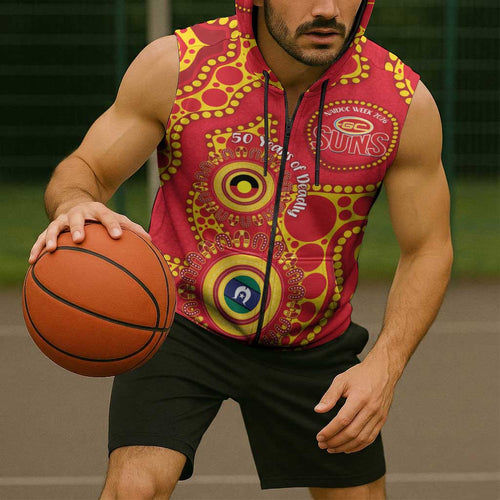 Suns NAIDOC Week 2026 Personalised Sleeveless Zip Hoodie 50 Years of Deadly Aboriginal Art