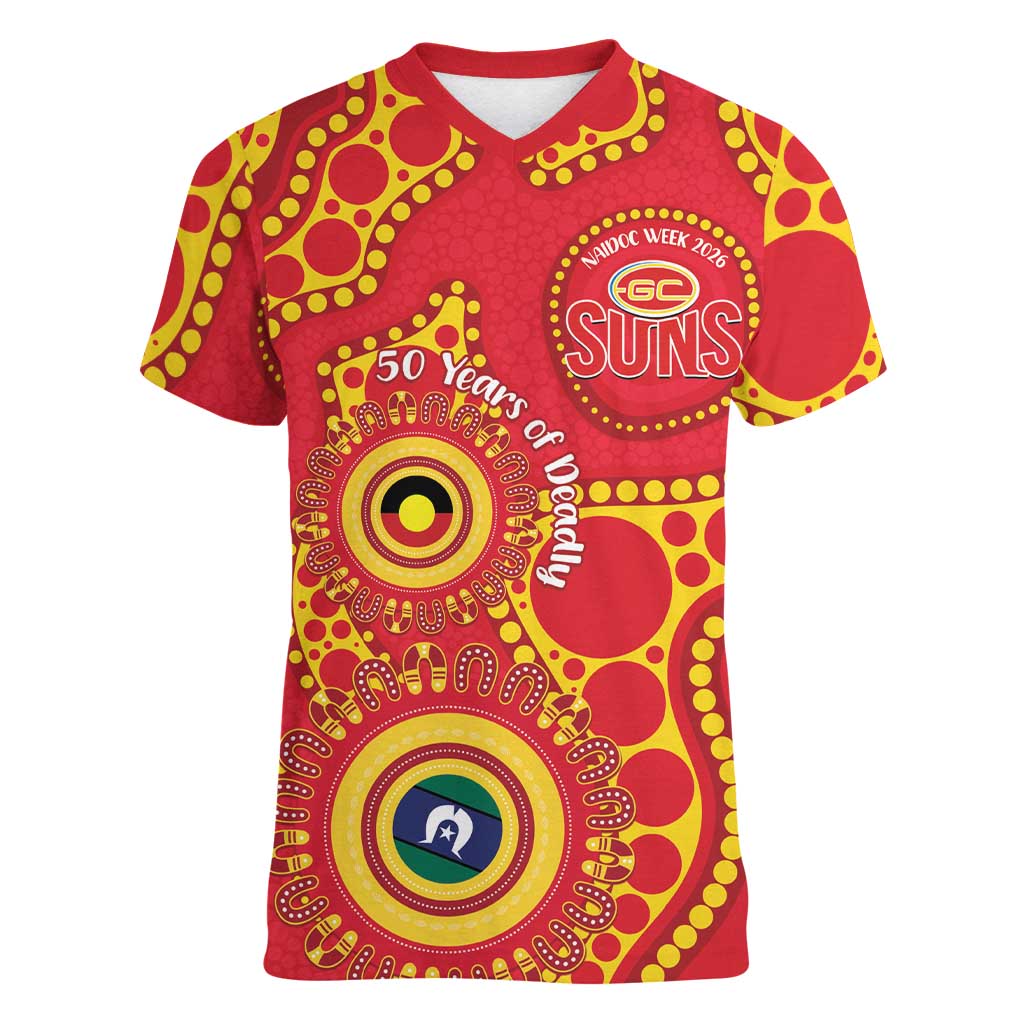 Suns NAIDOC Week 2026 Personalised Women V-Neck T-Shirt 50 Years of Deadly Aboriginal Art