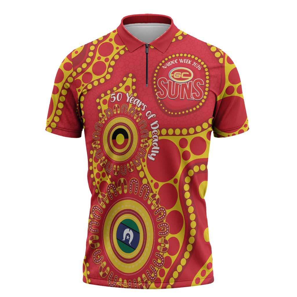 Suns NAIDOC Week 2026 Personalised Zipper Polo Shirt 50 Years of Deadly Aboriginal Art