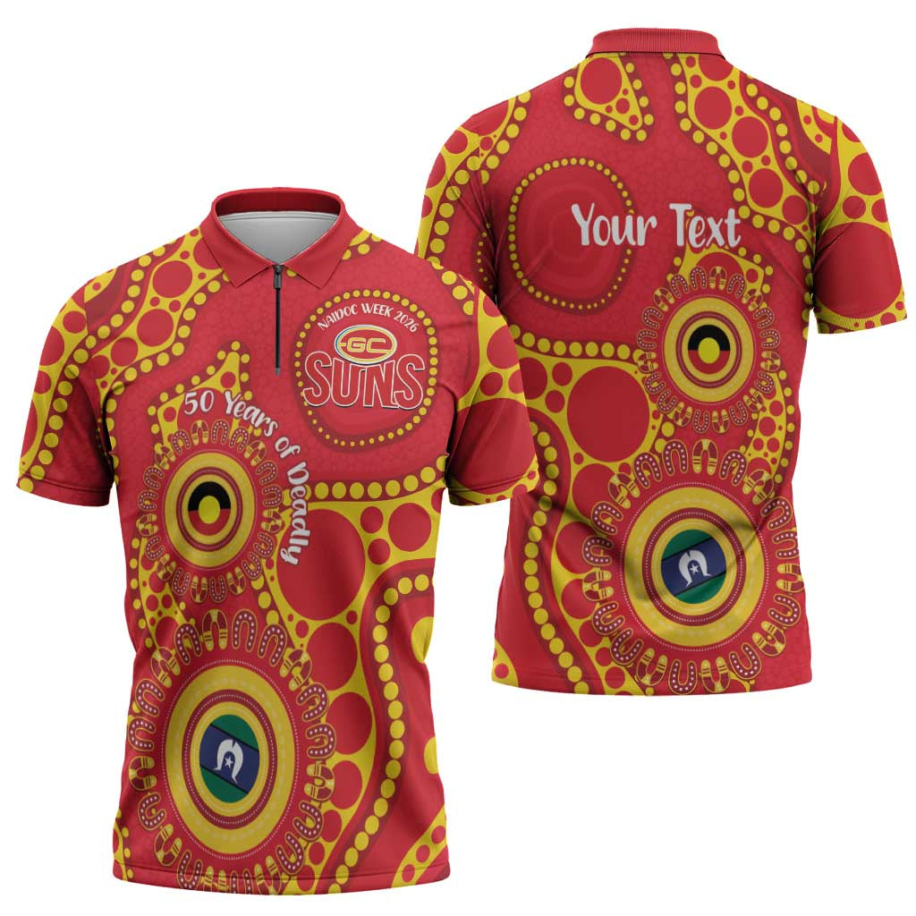Suns NAIDOC Week 2026 Personalised Zipper Polo Shirt 50 Years of Deadly Aboriginal Art