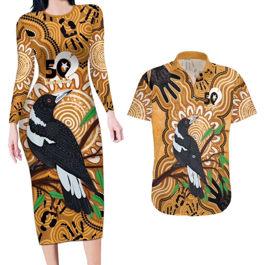 Personalised Australia Magpie NAIDOC Week 2026 Couples Matching Long Sleeve Bodycon Dress and Hawaiian Shirt 50 Years of Deadly Aboriginal Art