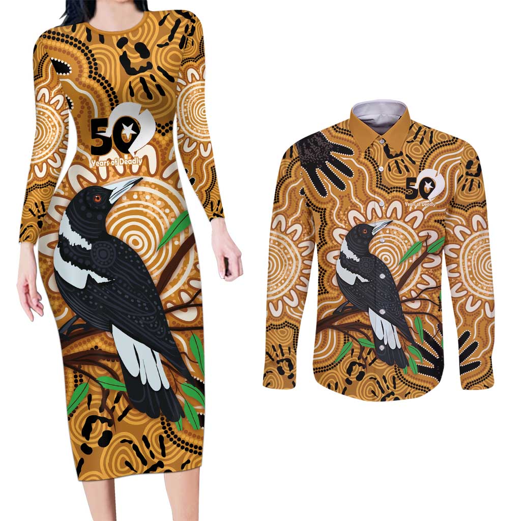 Personalised Australia Magpie NAIDOC Week 2026 Couples Matching Long Sleeve Bodycon Dress and Long Sleeve Button Shirt 50 Years of Deadly Aboriginal Art