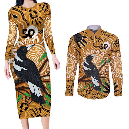 Personalised Australia Magpie NAIDOC Week 2026 Couples Matching Long Sleeve Bodycon Dress and Long Sleeve Button Shirt 50 Years of Deadly Aboriginal Art