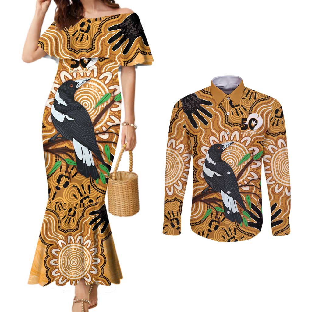 Personalised Australia Magpie NAIDOC Week 2026 Couples Matching Mermaid Dress and Long Sleeve Button Shirt 50 Years of Deadly Aboriginal Art