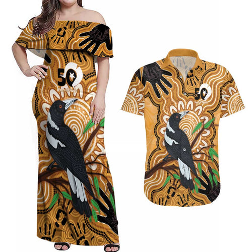 Personalised Australia Magpie NAIDOC Week 2026 Couples Matching Off Shoulder Maxi Dress and Hawaiian Shirt 50 Years of Deadly Aboriginal Art