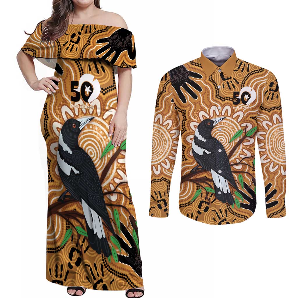 Personalised Australia Magpie NAIDOC Week 2026 Couples Matching Off Shoulder Maxi Dress and Long Sleeve Button Shirt 50 Years of Deadly Aboriginal Art