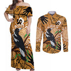 Personalised Australia Magpie NAIDOC Week 2026 Couples Matching Off Shoulder Maxi Dress and Long Sleeve Button Shirt 50 Years of Deadly Aboriginal Art