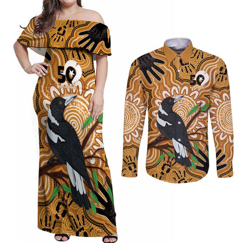 Personalised Australia Magpie NAIDOC Week 2026 Couples Matching Off Shoulder Maxi Dress and Long Sleeve Button Shirt 50 Years of Deadly Aboriginal Art