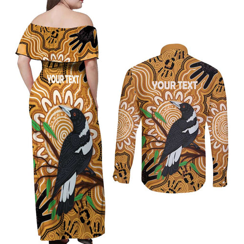 Personalised Australia Magpie NAIDOC Week 2026 Couples Matching Off Shoulder Maxi Dress and Long Sleeve Button Shirt 50 Years of Deadly Aboriginal Art