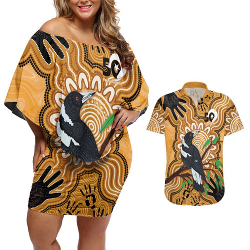 Personalised Australia Magpie NAIDOC Week 2026 Couples Matching Off Shoulder Short Dress and Hawaiian Shirt 50 Years of Deadly Aboriginal Art