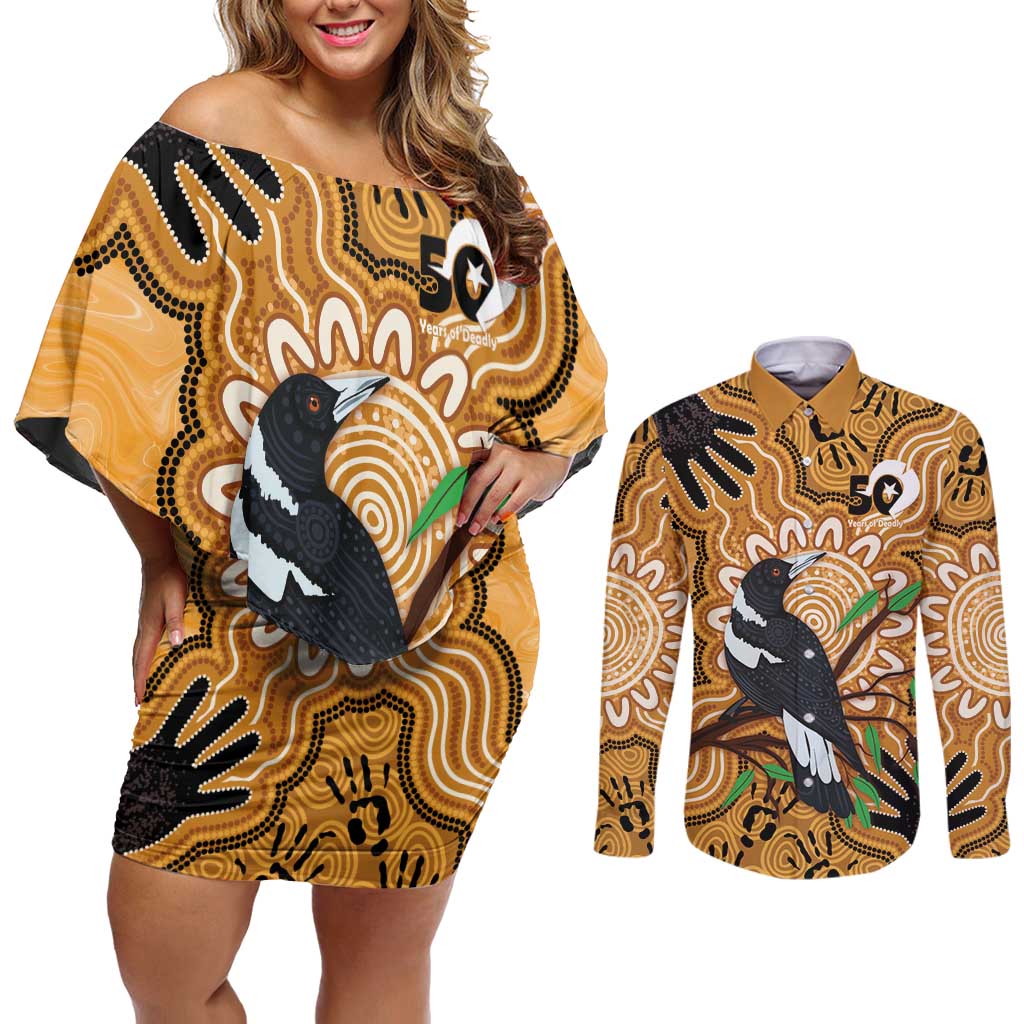 Personalised Australia Magpie NAIDOC Week 2026 Couples Matching Off Shoulder Short Dress and Long Sleeve Button Shirt 50 Years of Deadly Aboriginal Art