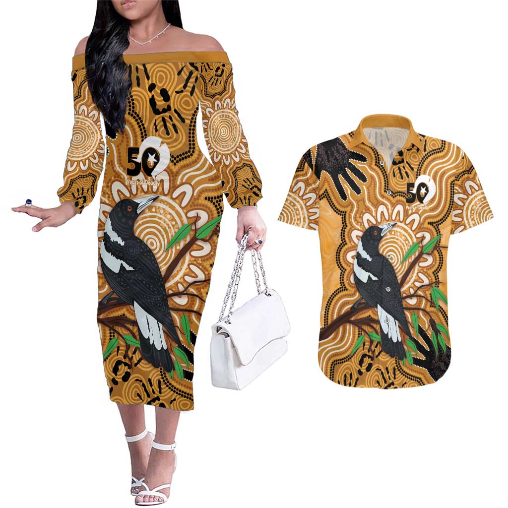 Personalised Australia Magpie NAIDOC Week 2026 Couples Matching Off The Shoulder Long Sleeve Dress and Hawaiian Shirt 50 Years of Deadly Aboriginal Art