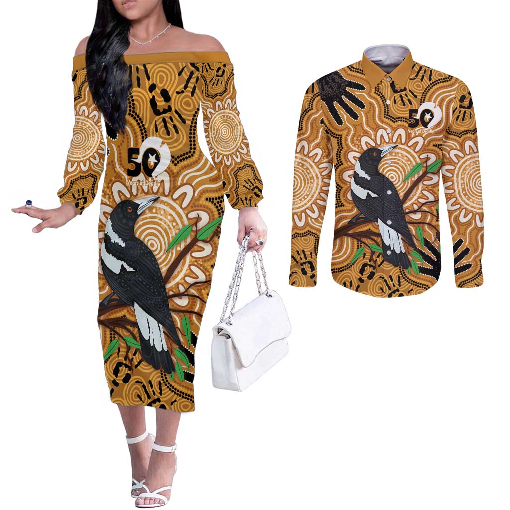 Personalised Australia Magpie NAIDOC Week 2026 Couples Matching Off The Shoulder Long Sleeve Dress and Long Sleeve Button Shirt 50 Years of Deadly Aboriginal Art