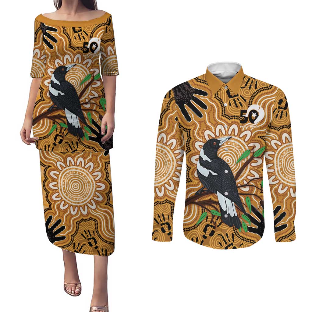 Personalised Australia Magpie NAIDOC Week 2026 Couples Matching Puletasi and Long Sleeve Button Shirt 50 Years of Deadly Aboriginal Art