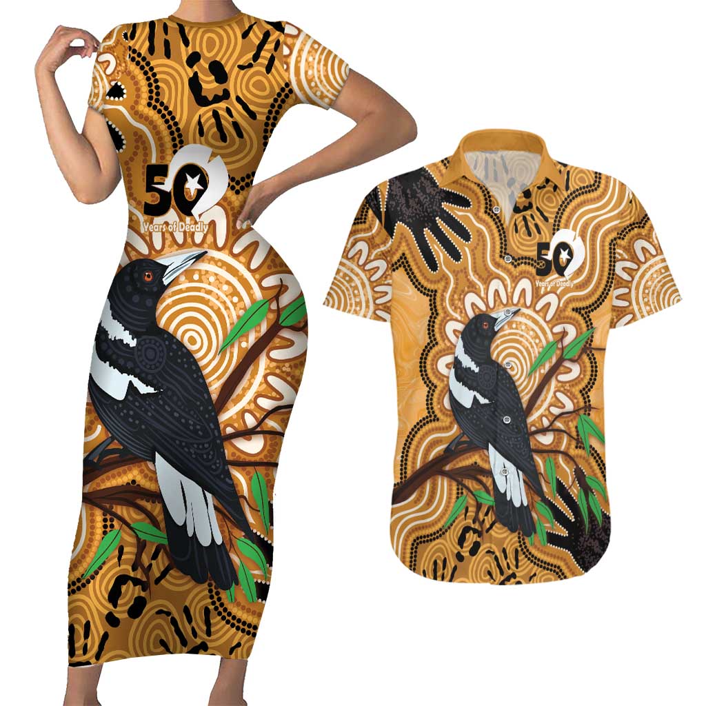 Personalised Australia Magpie NAIDOC Week 2026 Couples Matching Short Sleeve Bodycon Dress and Hawaiian Shirt 50 Years of Deadly Aboriginal Art