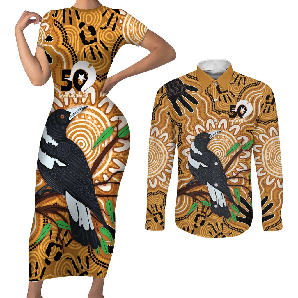 Personalised Australia Magpie NAIDOC Week 2026 Couples Matching Short Sleeve Bodycon Dress and Long Sleeve Button Shirt 50 Years of Deadly Aboriginal Art