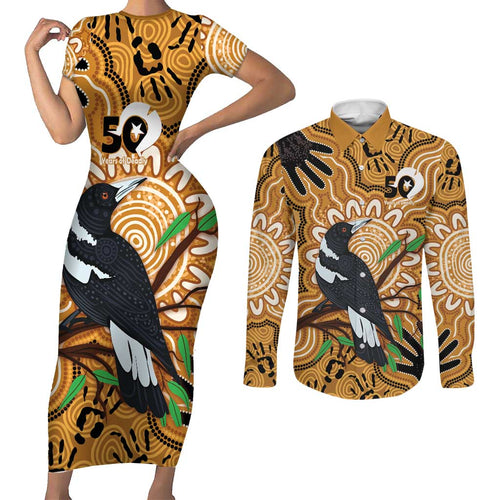Personalised Australia Magpie NAIDOC Week 2026 Couples Matching Short Sleeve Bodycon Dress and Long Sleeve Button Shirt 50 Years of Deadly Aboriginal Art