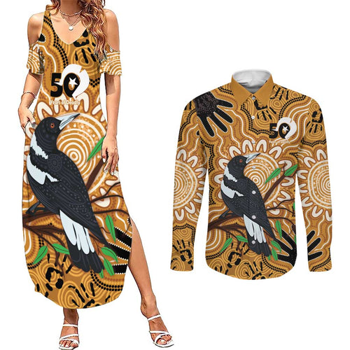 Personalised Australia Magpie NAIDOC Week 2026 Couples Matching Summer Maxi Dress and Long Sleeve Button Shirt 50 Years of Deadly Aboriginal Art