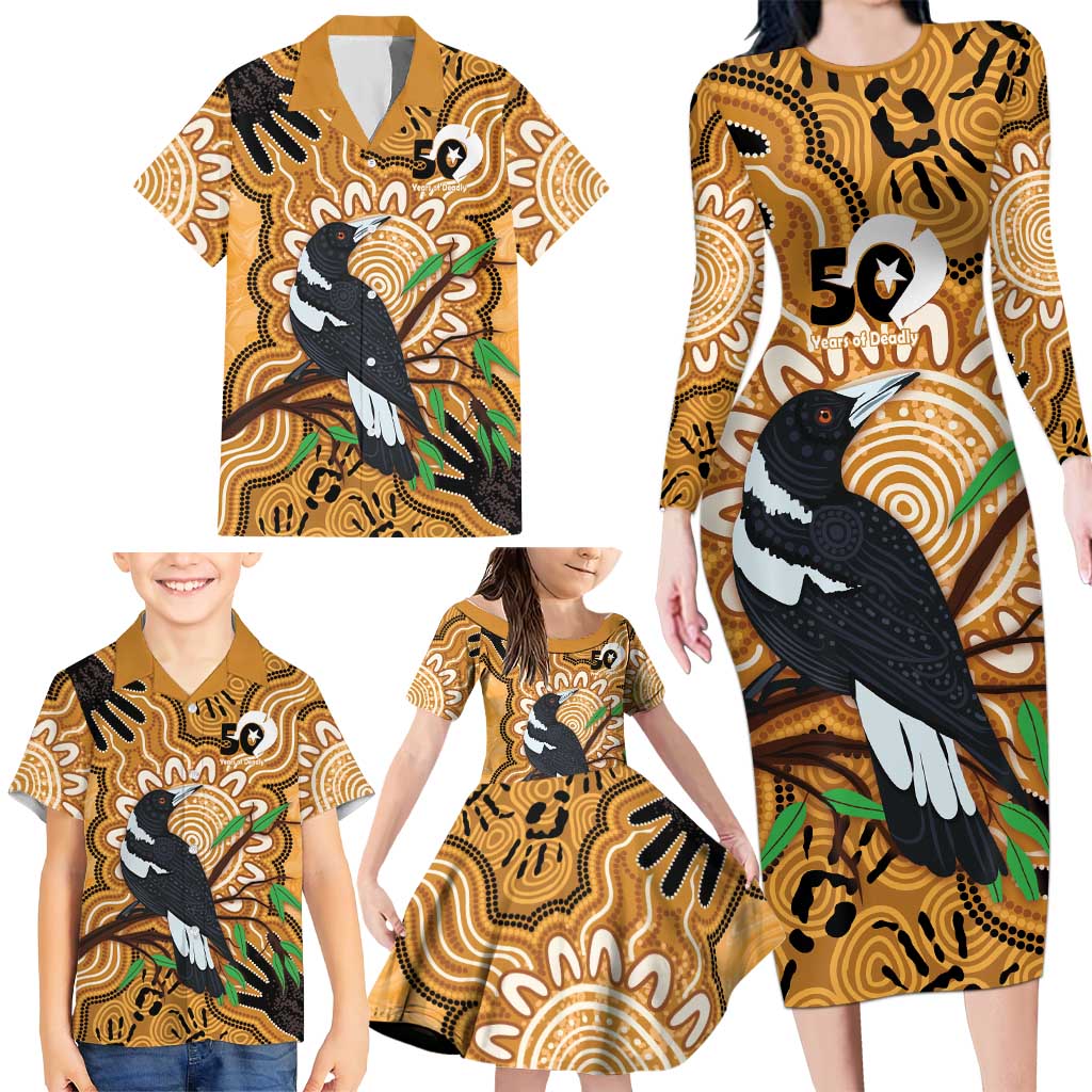 Personalised Australia Magpie NAIDOC Week 2026 Family Matching Long Sleeve Bodycon Dress and Hawaiian Shirt 50 Years of Deadly Aboriginal Art