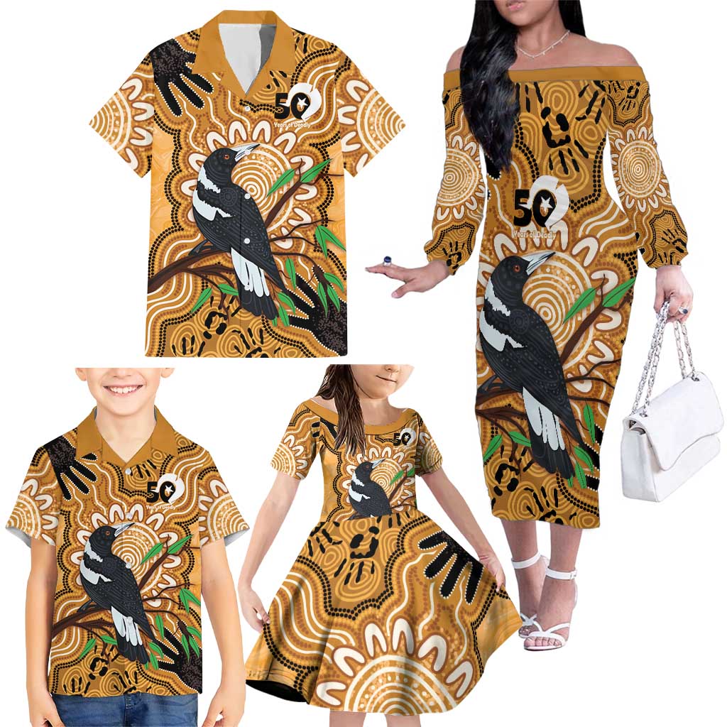Personalised Australia Magpie NAIDOC Week 2026 Family Matching Off The Shoulder Long Sleeve Dress and Hawaiian Shirt 50 Years of Deadly Aboriginal Art