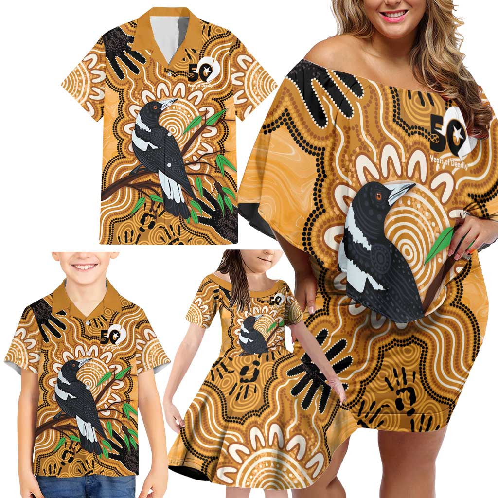 Personalised Australia Magpie NAIDOC Week 2026 Family Matching Off Shoulder Short Dress and Hawaiian Shirt 50 Years of Deadly Aboriginal Art