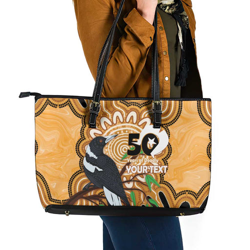 Personalised Australia Magpie NAIDOC Week 2026 Leather Tote Bag 50 Years of Deadly Aboriginal Art