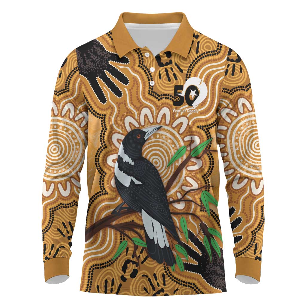 Personalised Australia Magpie NAIDOC Week 2026 Long Sleeve Polo Shirt 50 Years of Deadly Aboriginal Art