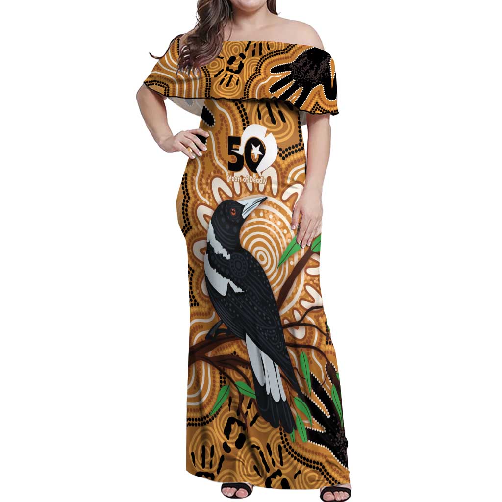 Personalised Australia Magpie NAIDOC Week 2026 Off Shoulder Maxi Dress 50 Years of Deadly Aboriginal Art