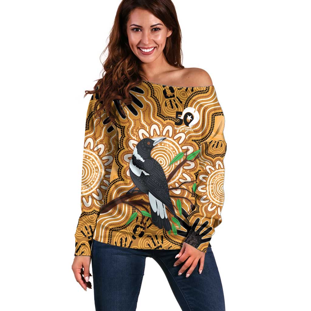 Personalised Australia Magpie NAIDOC Week 2026 Off Shoulder Sweater 50 Years of Deadly Aboriginal Art