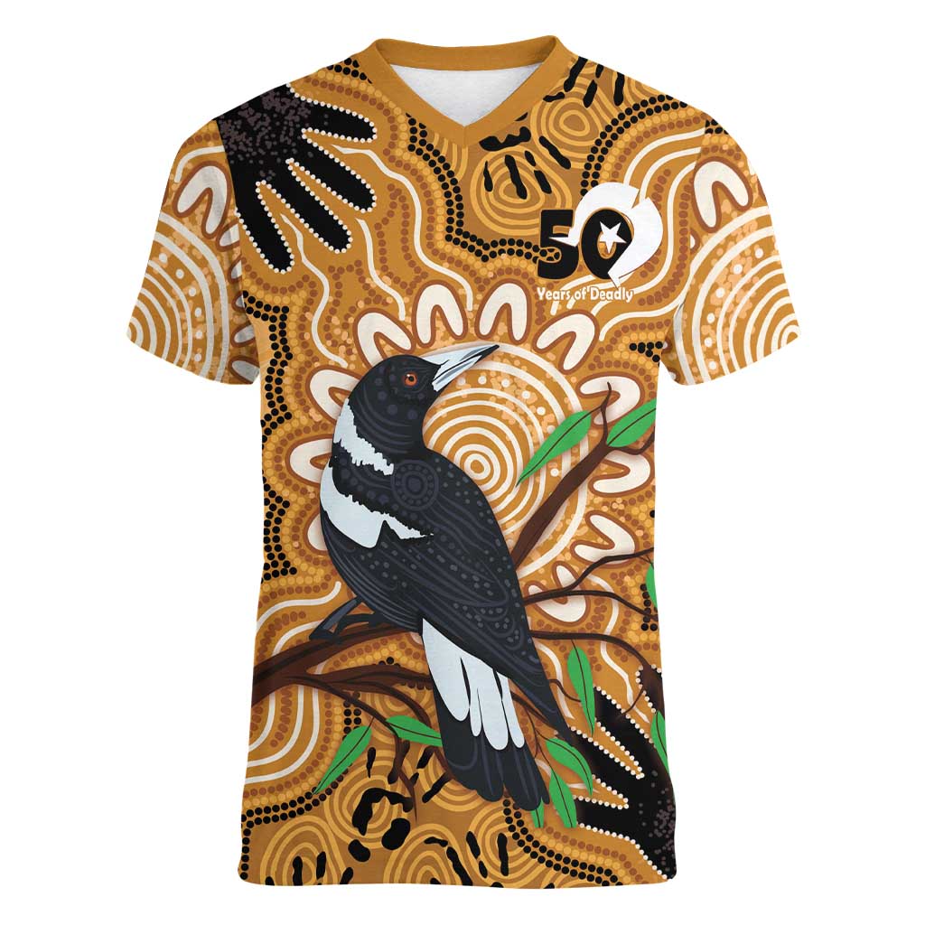 Personalised Australia Magpie NAIDOC Week 2026 Women V-Neck T-Shirt 50 Years of Deadly Aboriginal Art