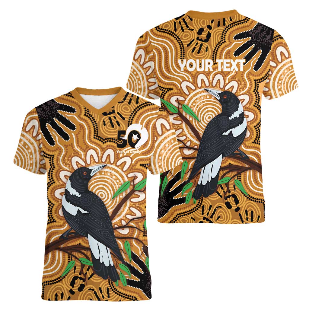 Personalised Australia Magpie NAIDOC Week 2026 Women V-Neck T-Shirt 50 Years of Deadly Aboriginal Art