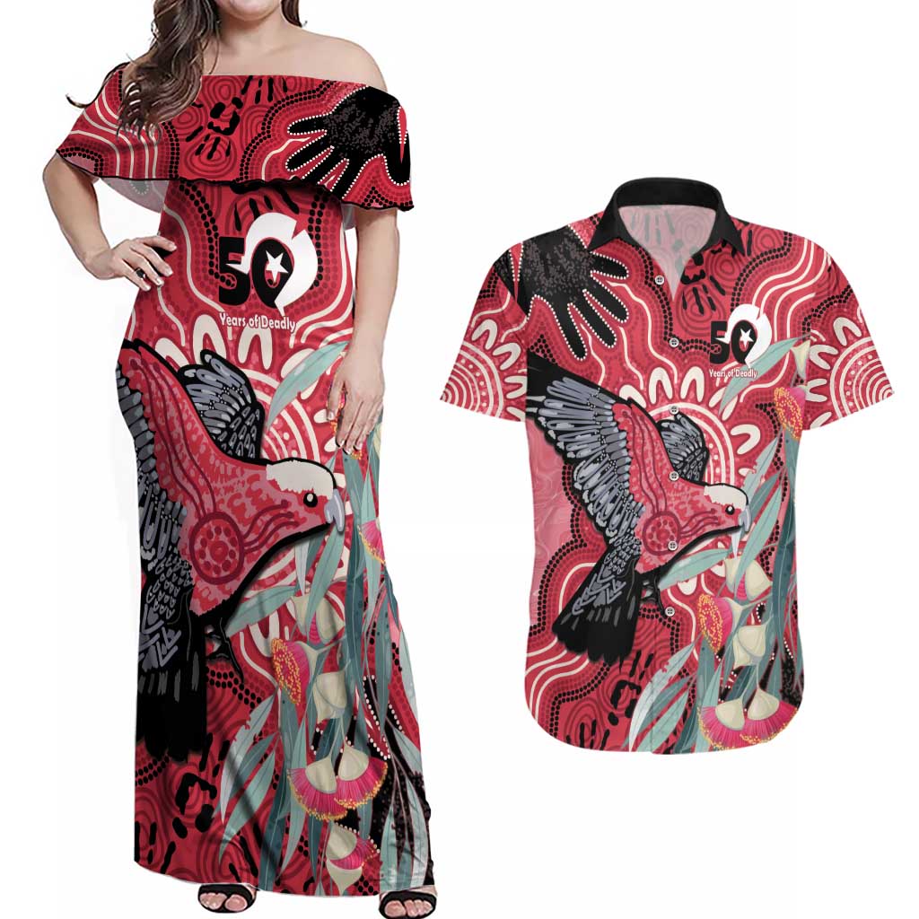Personalised Australia Galah NAIDOC Week 2026 Couples Matching Off Shoulder Maxi Dress and Hawaiian Shirt 50 Years of Deadly Aboriginal Art