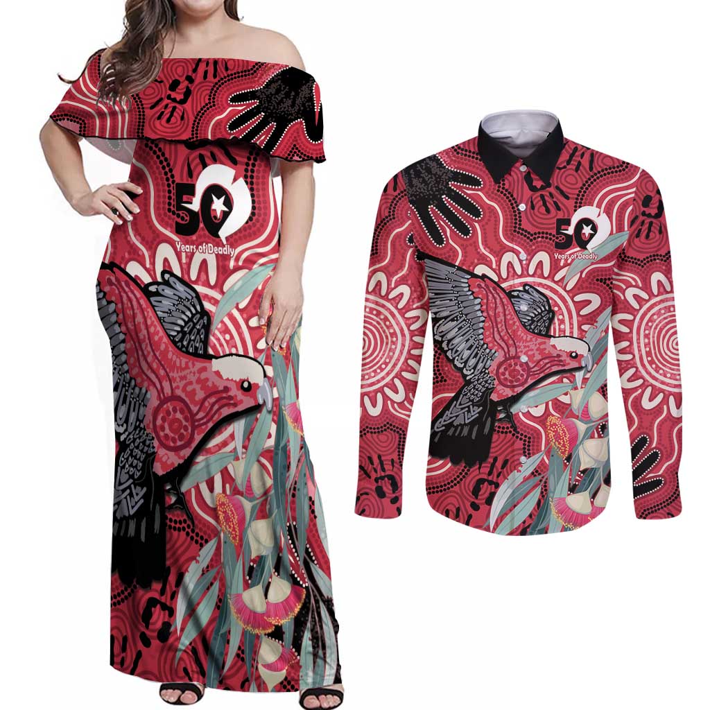 Personalised Australia Galah NAIDOC Week 2026 Couples Matching Off Shoulder Maxi Dress and Long Sleeve Button Shirt 50 Years of Deadly Aboriginal Art
