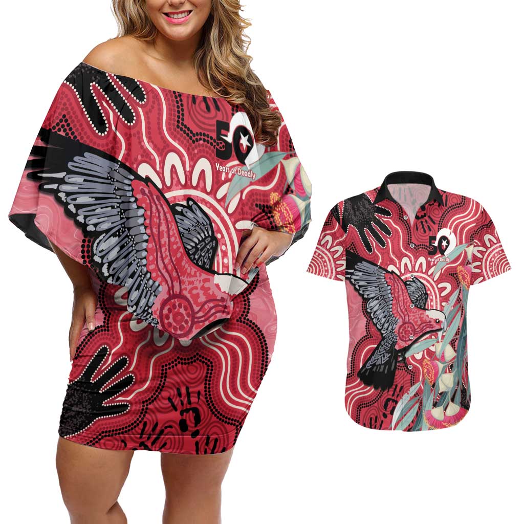 Personalised Australia Galah NAIDOC Week 2026 Couples Matching Off Shoulder Short Dress and Hawaiian Shirt 50 Years of Deadly Aboriginal Art