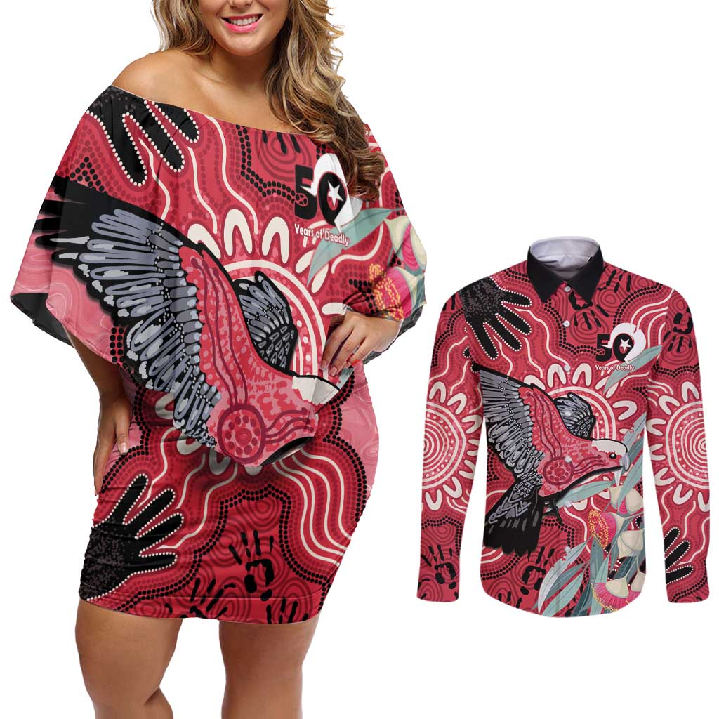Personalised Australia Galah NAIDOC Week 2026 Couples Matching Off Shoulder Short Dress and Long Sleeve Button Shirt 50 Years of Deadly Aboriginal Art
