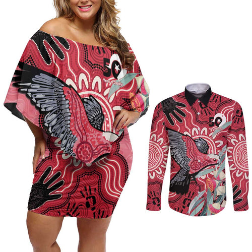 Personalised Australia Galah NAIDOC Week 2026 Couples Matching Off Shoulder Short Dress and Long Sleeve Button Shirt 50 Years of Deadly Aboriginal Art