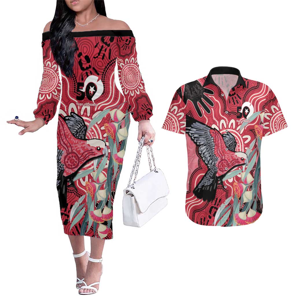 Personalised Australia Galah NAIDOC Week 2026 Couples Matching Off The Shoulder Long Sleeve Dress and Hawaiian Shirt 50 Years of Deadly Aboriginal Art
