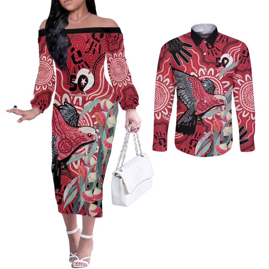 Personalised Australia Galah NAIDOC Week 2026 Couples Matching Off The Shoulder Long Sleeve Dress and Long Sleeve Button Shirt 50 Years of Deadly Aboriginal Art