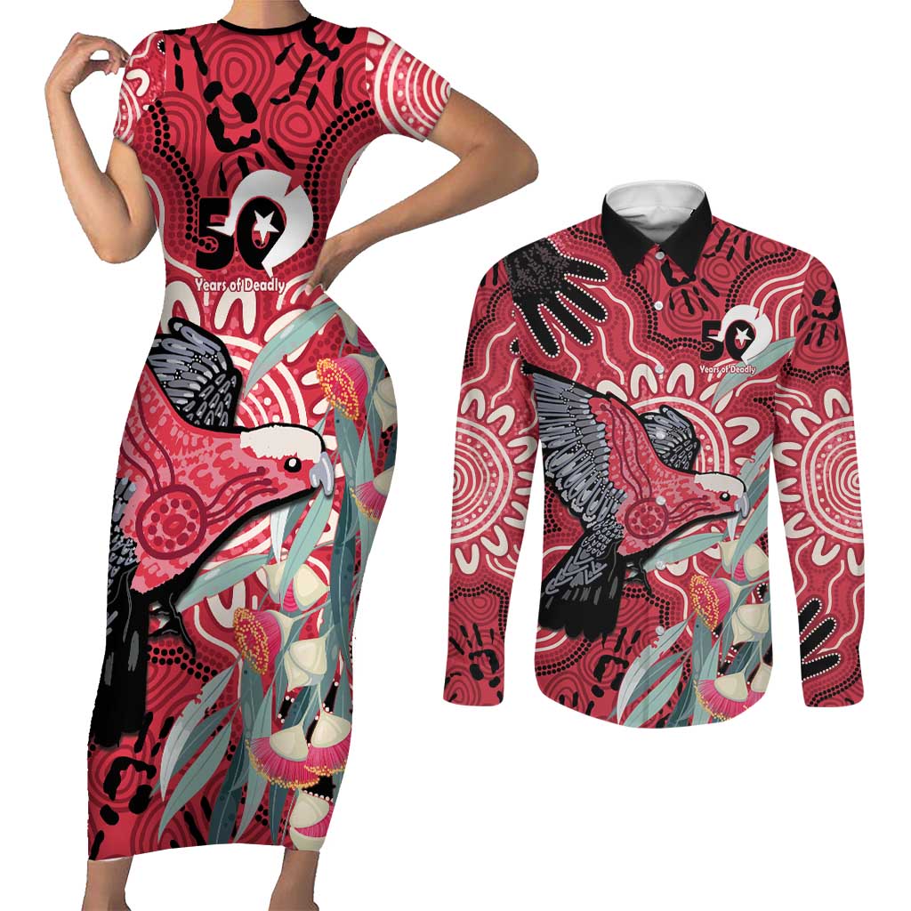 Personalised Australia Galah NAIDOC Week 2026 Couples Matching Short Sleeve Bodycon Dress and Long Sleeve Button Shirt 50 Years of Deadly Aboriginal Art